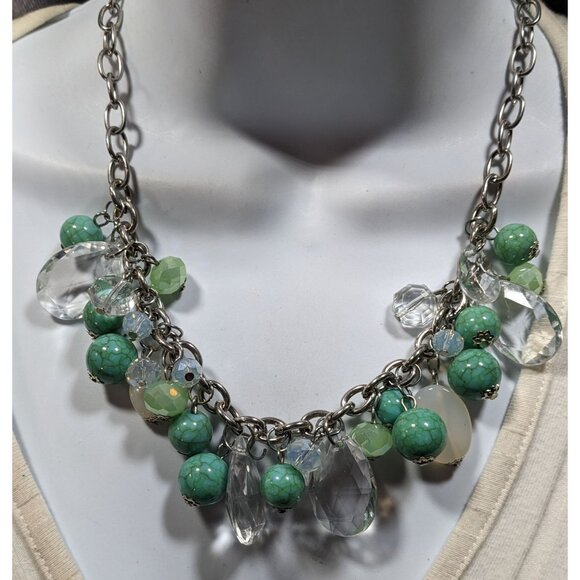 Vintage Clear And Faux Turquoise Beaded Cluster Charm Necklace - Picture 2 of 5